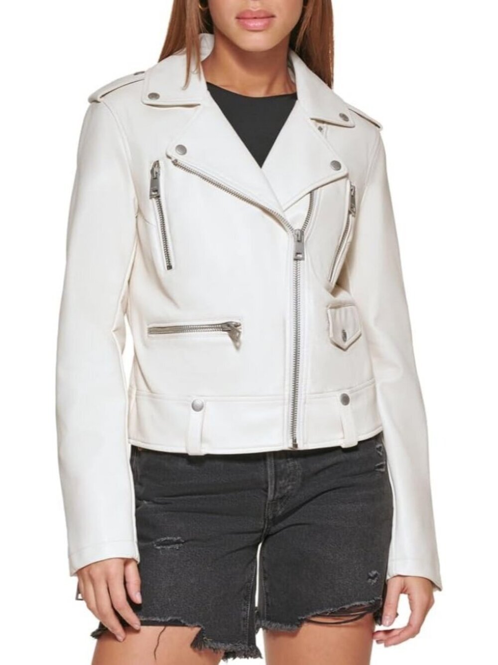 Women's Oyster Solid Polyurethane Cropped Stylish Faux Leather Motorcyle Jacket